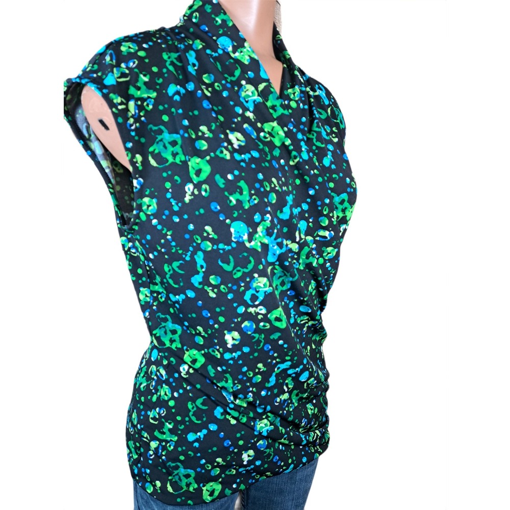 Chaus New York Womens Green Blue Abstract Print Surplice Wrap Top Sleeveless M